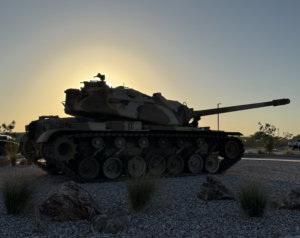 Silhouette of M103A2 American Heavy Tank against the backdrop of sunset.