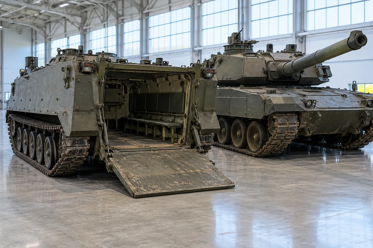 Tracked infantry carrier with its rear troop ramp lowered next to a main battle tank's long gun barrel in a museum hangar